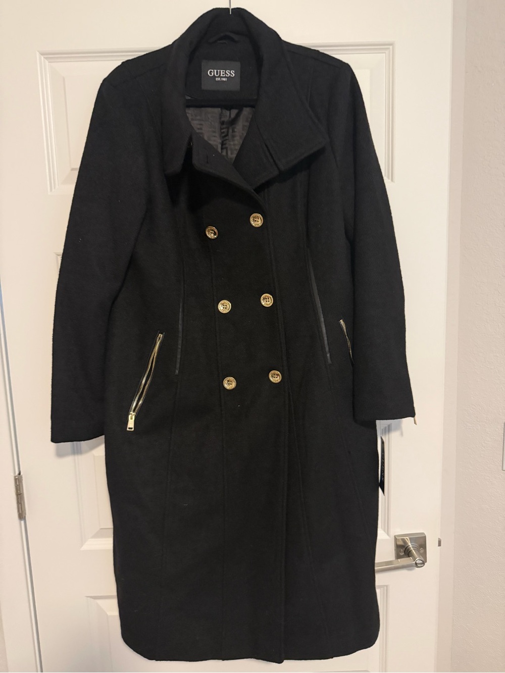 GUESS Black Double-Breasted Pea Coat with Gold Buttons